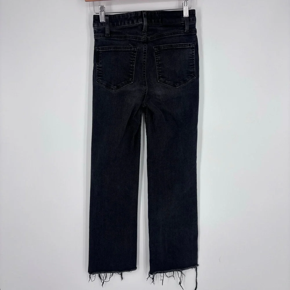 PAIGE Atley Ankle Flare Jeans Womens 26 Black Willow High Rise Raw Hem Frayed